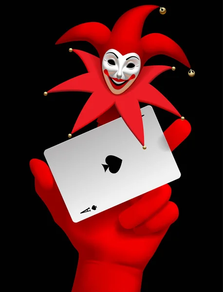 Рукою людини з червоним посміхнувся Джокер голова на палець, проведення змінного струму — стоковий вектор