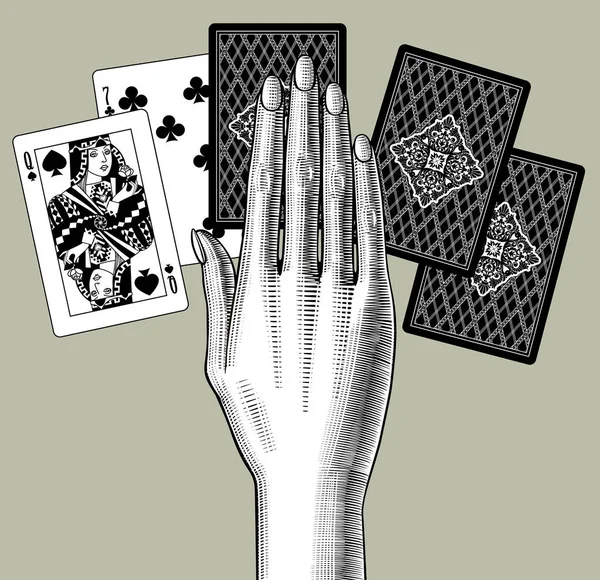 Mano de mujer tendiendo a jugar a las cartas. Vintage grabado orzuelo — Vector de stock