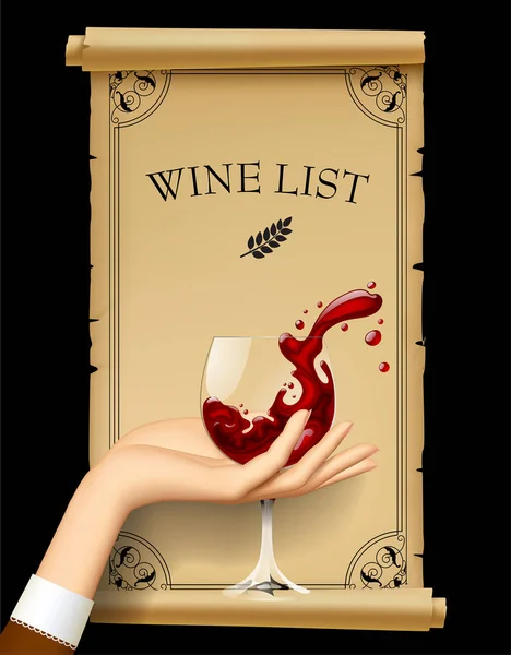 Lista de vinos con mano sosteniendo una copa de vino con vino salpicado — Vector de stock