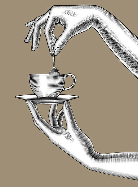 Paar weibliche Hände mit Kaffeetasse und Löffel — Stockvektor