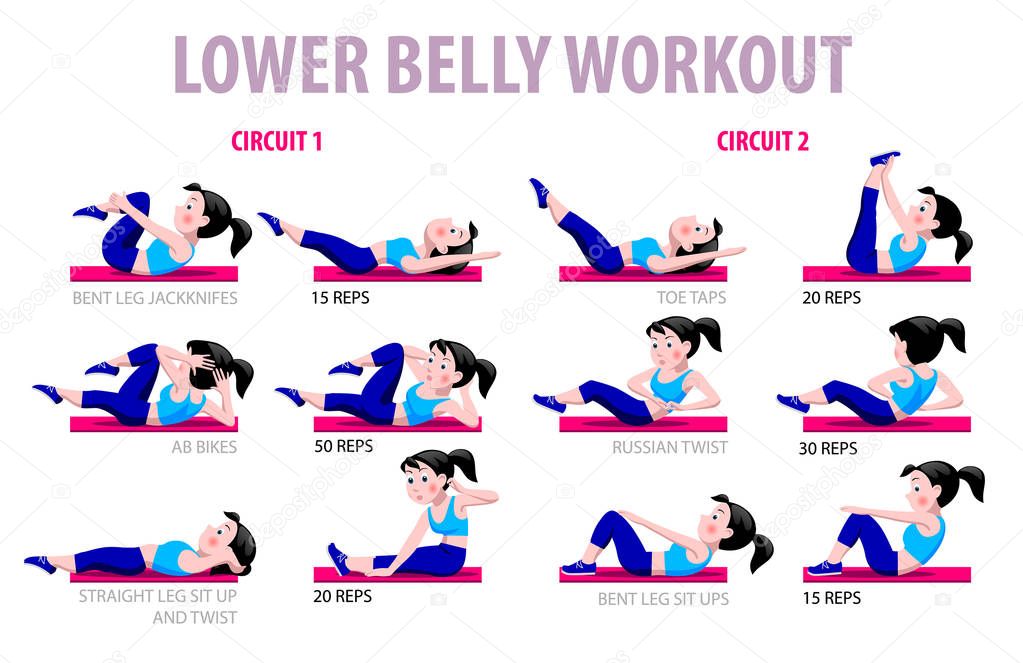 Fitness exercises with cartoon girl in blue suit