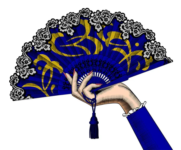Ženská ruka drží modrý rozevřený vějíř s žlutý ornament izolovat — Stockový vektor
