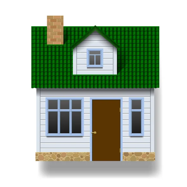 Casa realista branca com telhado verde na vista frontal — Vetor de Stock