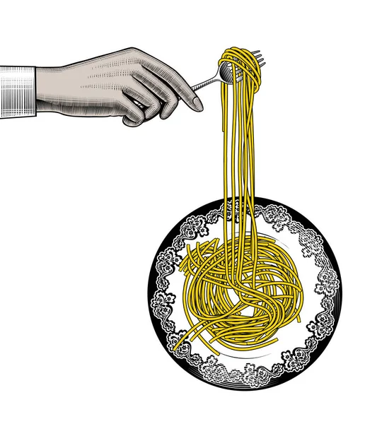 Tangan wanita memegang garpu dengan spaghetti . - Stok Vektor