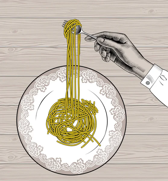 Kobieta trzymająca widelec ze spaghetti. — Wektor stockowy