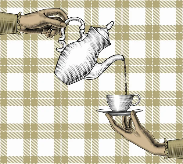 コーヒーポットとカップを持つ女性の手. — ストックベクタ