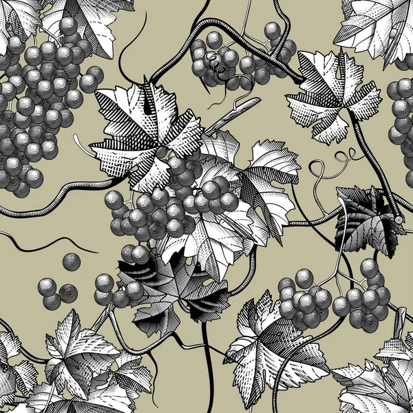 ワインブドウの彫刻のシームレスな背景 — ストックベクタ