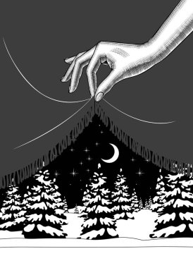 Hand lifting the curtain over the winter landscape clipart