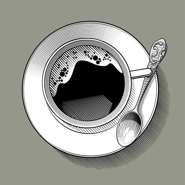 コーヒーカップのヴィンテージドローイングのトップビュー — ストックベクタ