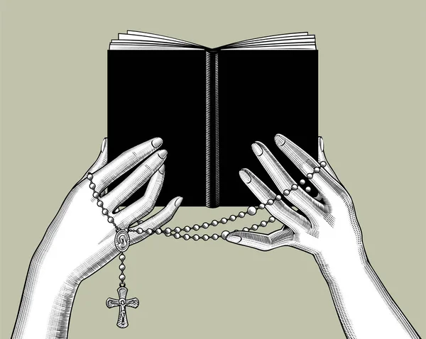 Handen met een zwart boek en gebedskralen — Stockvector