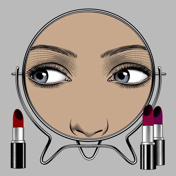 Round mirror with female face reflection and set of lipsticks. — Stock Vector