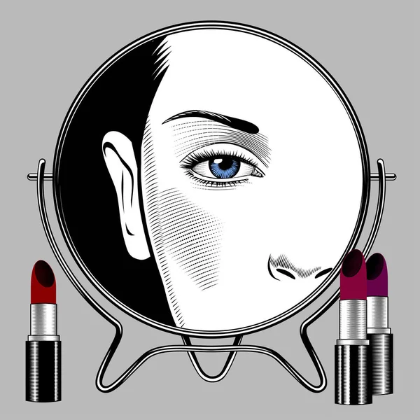 Round mirror with female face reflection and set of lipsticks. — Stock Vector