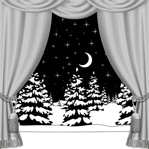 크리스마스와 새해의 커튼은 밤하늘 눈덮인 풍경을 극장과 크리스마스 포스터 일러스트 — 스톡 벡터