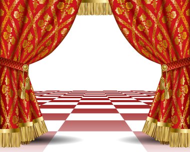 Kırmızı renkli süsleme perdeleri olan tiyatro şablonu. Siyah arka planda altın rengi süslemeli kırmızı perdeler. Vektör illüstrasyonu