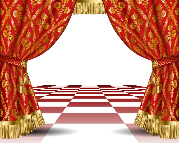 Theatrical Template Red Vintage Ornamental Curtains Red Drapes Gold Vintage — Stock Vector