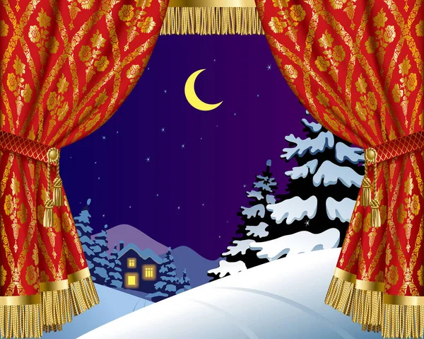 星空の下で雪の中でスプルースの森と夜の冬の風景の上にクリスマスと新年のカーテン 広場劇場とクリスマスの背景 芸術ポスター ベクターイラスト — ストックベクタ