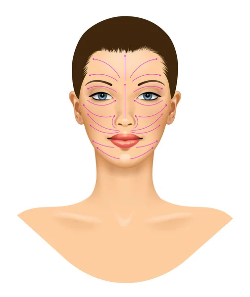 アンチエイジング治療と形成外科の概念 顔の上に赤い矢印を持つ美しい若い女性 白に隔離されてる ヴィンテージ彫刻様式化された図面 ベクターイラスト — ストックベクタ