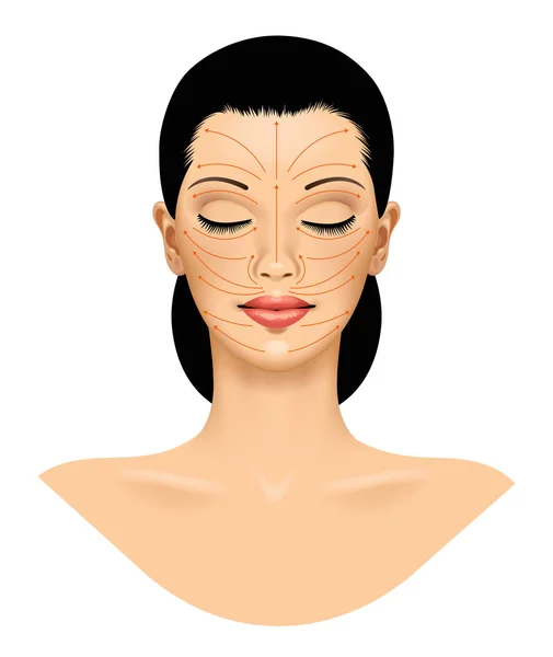 アンチエイジング治療と形成外科の概念 顔の上に赤い矢印を持つ美しい若い女性 白に隔離されてる ヴィンテージ彫刻様式化された図面 ベクターイラスト — ストックベクタ