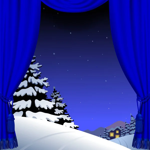 Cortina Navidad Año Nuevo Sobre Paisaje Invernal Nocturno Con Bosque — Vector de stock