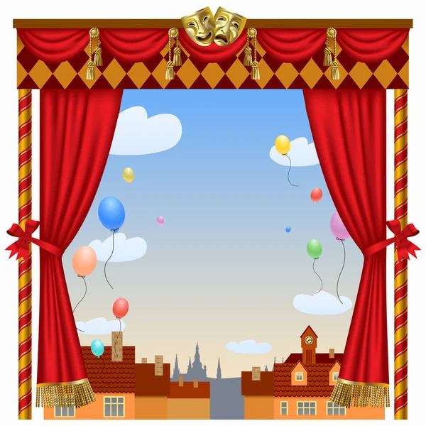 Puppet Show Booth Theater Masks Red Curtain Illuminated Signboards City — Stock Vector