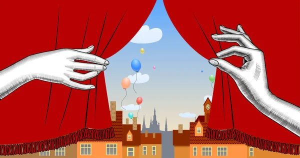 Puppet Show Monter Med Teater Masker Röd Gardin Belysta Skyltar — Stock vektor