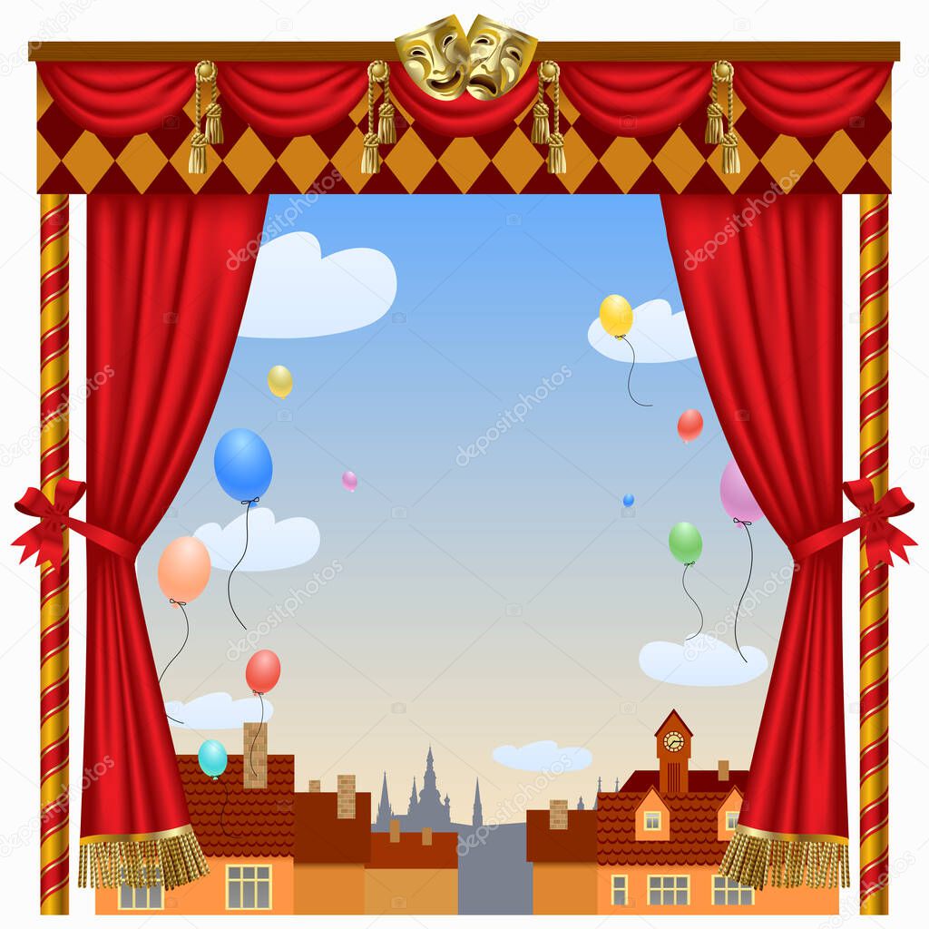 Puppet show booth with theater masks, red curtain, illuminated signboards and city view and colorful balloons in the sky. Artistic and theatrical poster and template design. Vector illustration