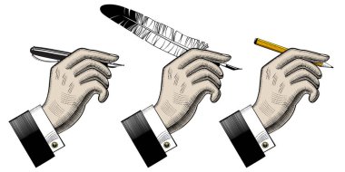 Elleri kalem, tüy kalem, kalem. Retro tasarım elemanı. Vintage oyma stili çizim. Vektör illüstrasyonu