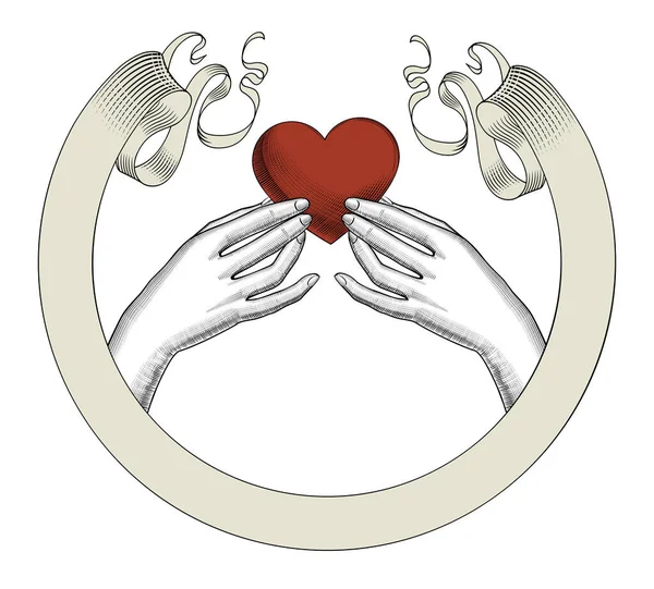 手のひらに赤い心を保持する女性の手 レトロスタイルのバレンタイングリーティングカードデザイン ヴィンテージ彫刻様式化された図面 ベクターイラスト — ストックベクタ