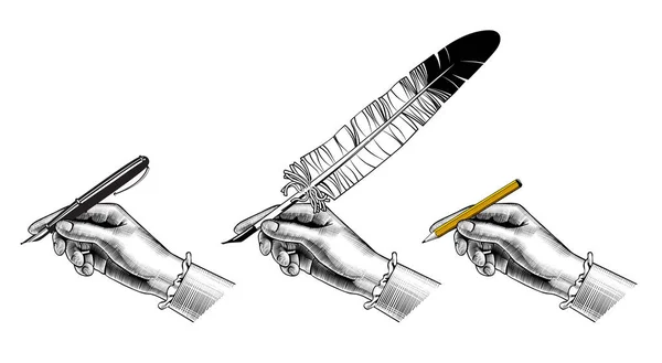 羽ペン ペンで手 レトロデザインの要素 ヴィンテージ彫刻様式化された図面 ベクターイラスト — ストックベクタ