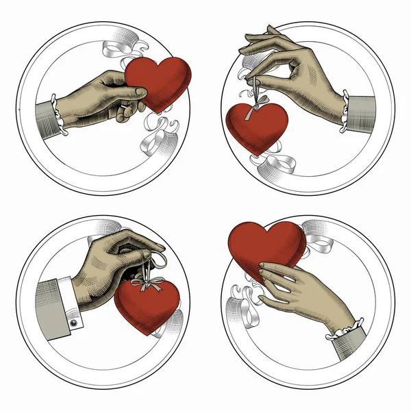 情人节快乐贺卡 情人节的心脏收集 很多不同的手 一套圆形图标的老式雕刻风格与手和配件 复古商业图标 矢量说明 — 图库矢量图片
