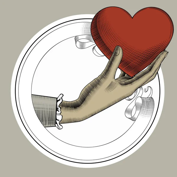 Женщина Держит Руку Красное Сердце Дизайн Поздравительной Открытки Стиле Ретро — стоковый вектор
