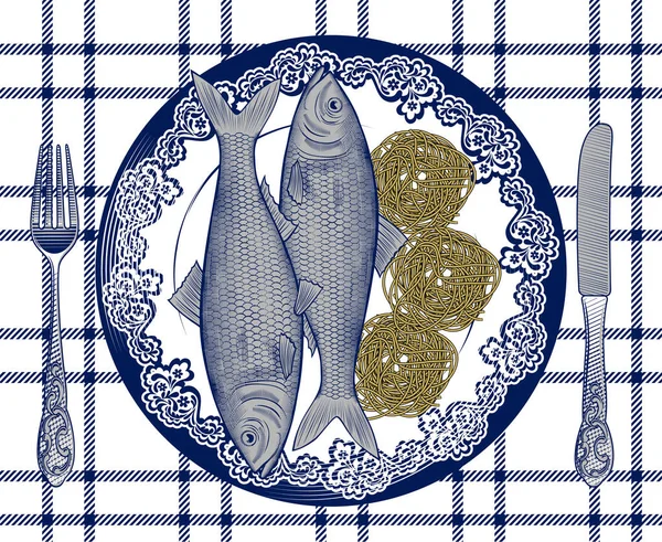 Des Spaghettis Poisson Affiche Pour Restaurant Italien Thème Menu Gravure — Image vectorielle