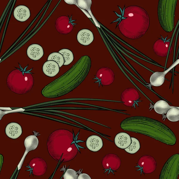 Körsbärstomater Och Grön Lök Sömlös Mönster Bakgrund Med Röda Tomater — Stock vektor