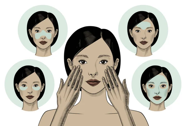Yüzünde Yamalar Olan Güzel Bir Asyalı Kadın Kırışıklıkları Düzeltiyor Güzel — Stok Vektör