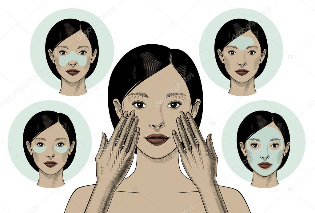 Beautiful Asian woman with Patches instruction smoothing deep wrinkles. Beautiful woman portrait. Beauty Treatments. Vintage prints stylized drawing. Vector illustration