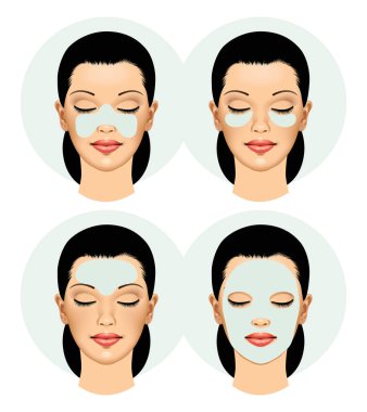 Farklı yüz maskeleri olan güzel genç bir kadın. Farklı yüz maskeleri takın. Beyazda izole edilmiş. Vintage oyma stili çizim. Vektör illüstrasyonu