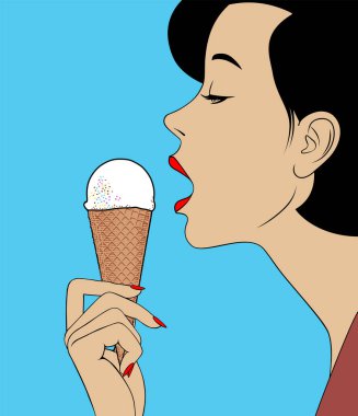 Dondurma külahlı kadın. Vintage oyma stili çizim. Vektör illüstrasyonu