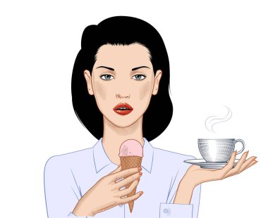 Dondurma külahı ve kahve fincanı olan kadın. Vintage oyma stili çizim. Vektör illüstrasyonu