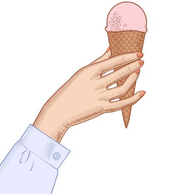 Dondurma külahlı kadın eli. Vintage oyma stili çizim. Vektör illüstrasyonu