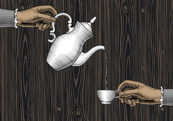コーヒーカップとコーヒーポットを備えた女性の手 コーヒーコンセプト ヴィンテージ彫刻様式化された図面 ベクターイラスト — ストックベクタ