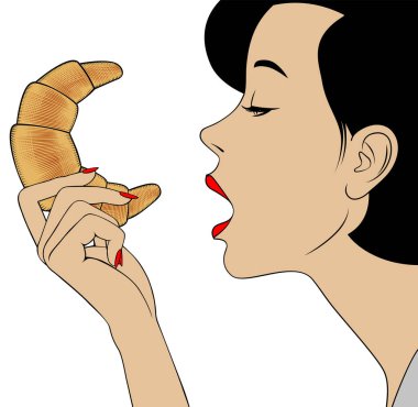 Kruvasanlı bir kadın. Vintage oyma stili çizim. Vektör illüstrasyonu