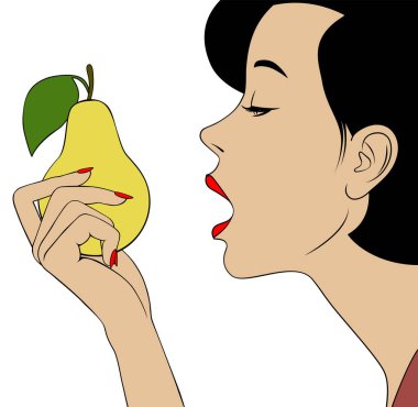 Sağlıklı beslenme konsepti. Genç bir kadın sağlıklı bir yemek seçer. Vintage oyma stili çizim. Vektör illüstrasyonu