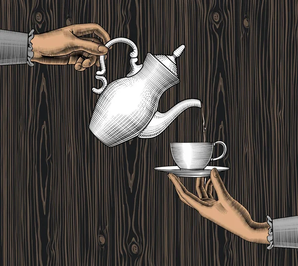 Vrouwelijke Handen Met Een Koffiebeker Een Koffiepot Koffie Concept Vintage — Stockvector