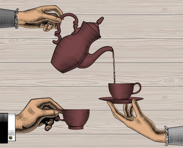 コーヒーカップとコーヒーポットを備えた手 コーヒーコンセプト ヴィンテージ彫刻様式化された図面 ベクターイラスト — ストックベクタ