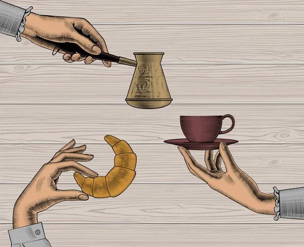 Vrouwelijke Handen Met Een Koffiekopje Koffie Concept Vintage Gegraveerde Gestileerde — Stockvector