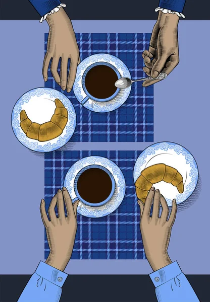 Una Taza Café Manos Femeninas Con Una Taza Café Croissant — Archivo Imágenes Vectoriales