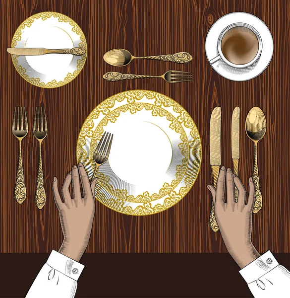 Mains féminines avec un couteau et une fourchette à la table servie . — Image vectorielle