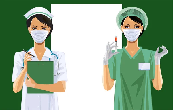 Dos Enfermeras Conjunto Iconos Uniformes Médicos Cuarentena Del Virus Corona — Vector de stock