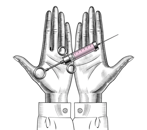手部注射了Coronavirus 2019 Ncov疫苗 结肠病毒医用疫苗注射器注射 与头孢病毒作斗争 保护自己不受考拉韦的侵害验尸官病毒爆发的概念 复古版画风格的绘画 矢量说明 — 图库矢量图片