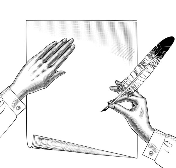 Womans hand with a feather pen. Retro design element. Vintage engraving stylized drawing. Vector illustration